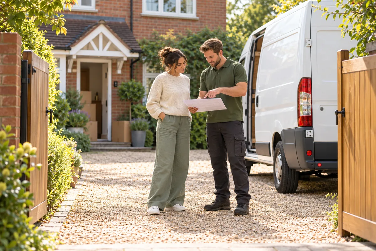 Resident and mover discussing a move beside a van on a gated driveway