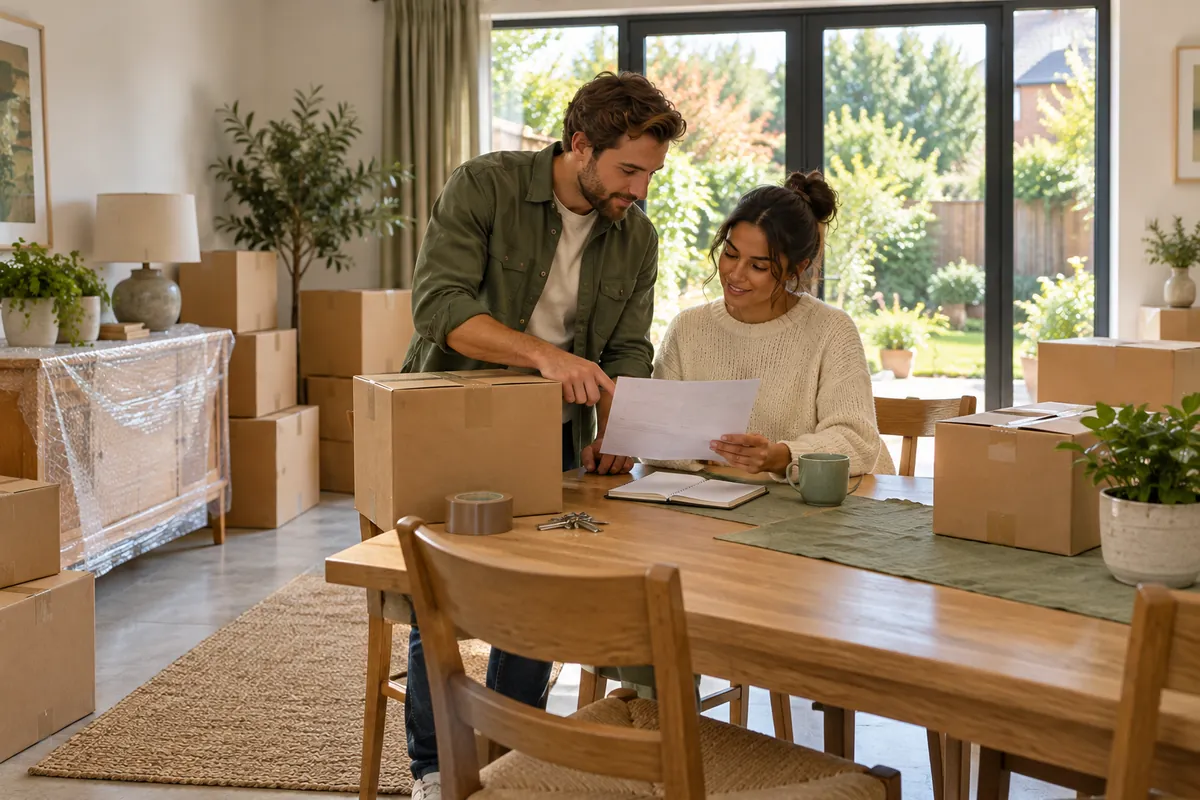Couple checking an inventory beside packed boxes at a dining table