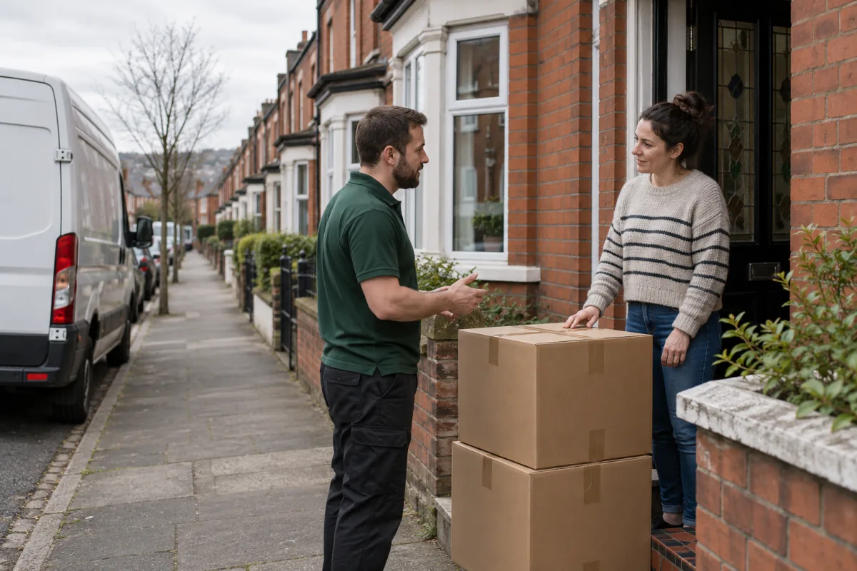 Resident and mover discussing boxes at a red-brick terraced house