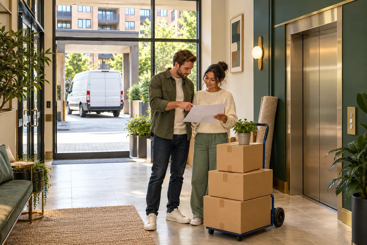 Couple reviewing a moving inventory beside packed boxes and an apartment lift