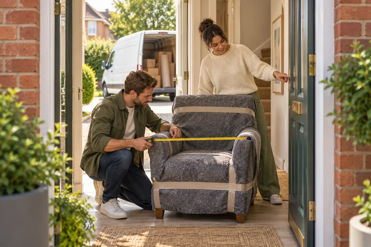 Couple measuring a protected armchair at a house entrance