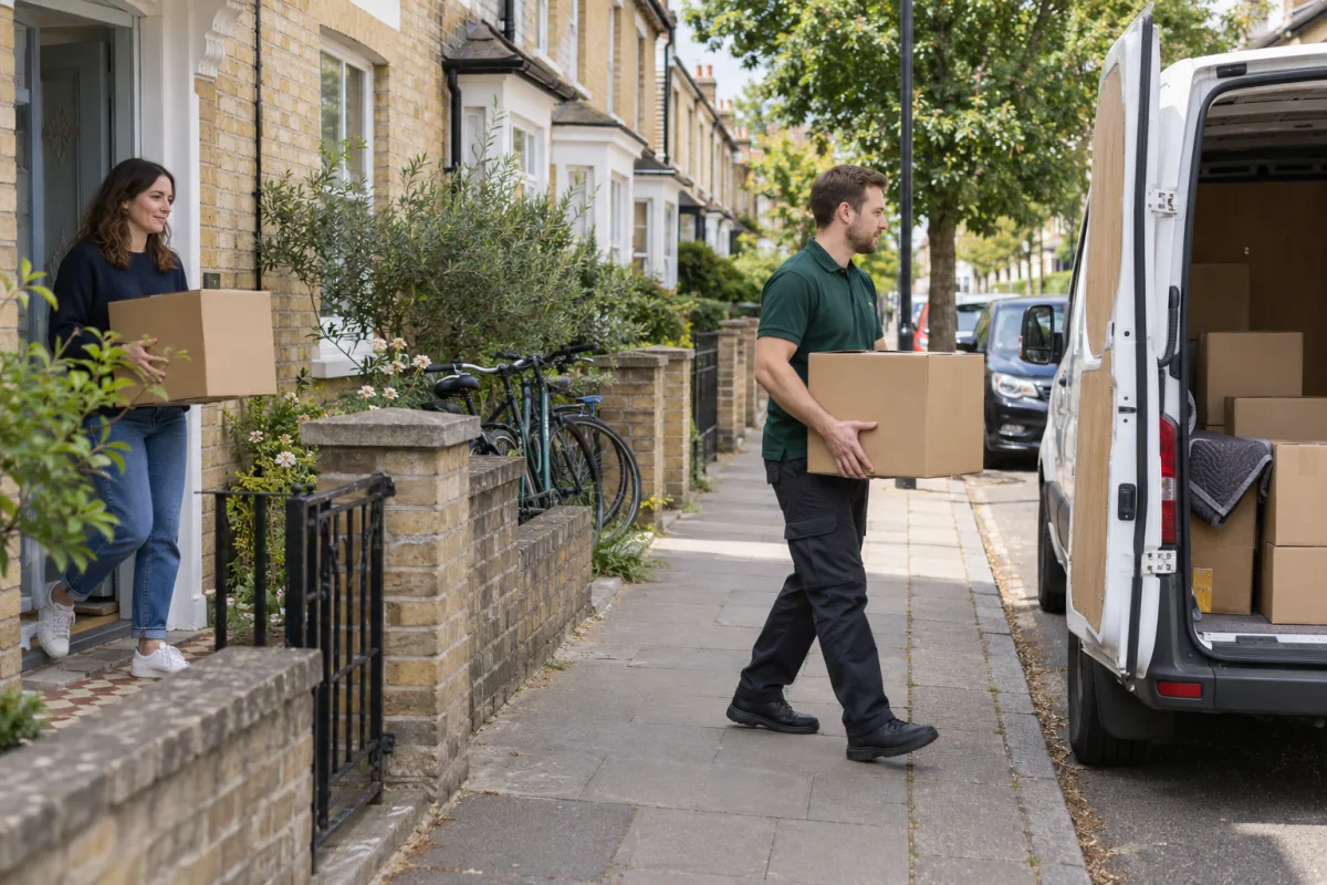 Resident and mover carrying boxes from a buff-brick terraced house