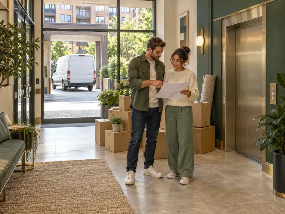 Movers checking furniture and access inside a building
