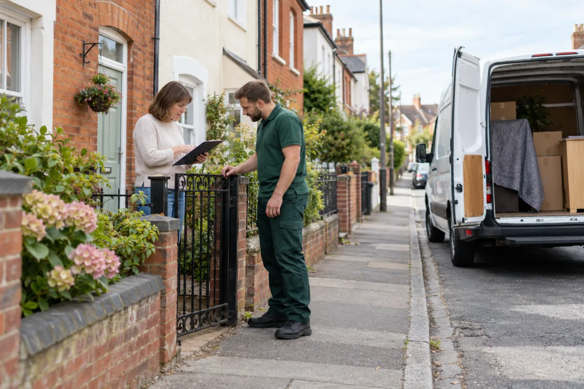 Resident and mover checking access through a front garden gate