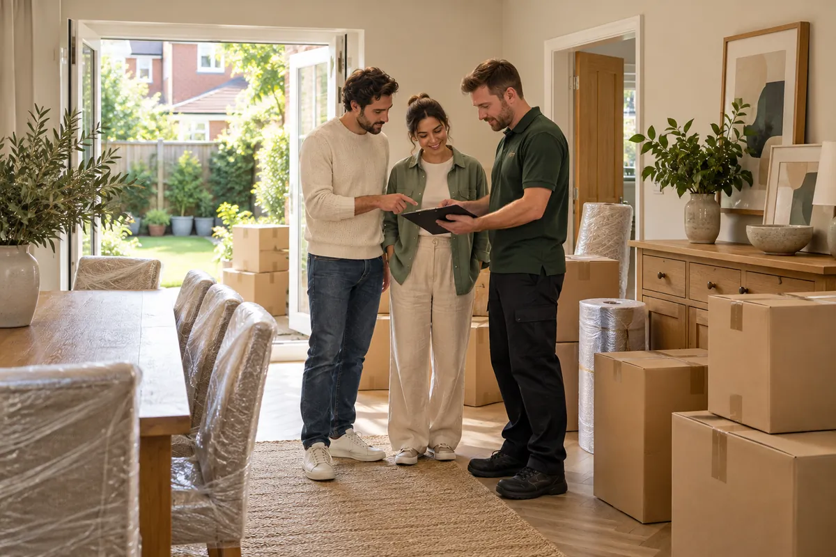 Couple and mover reviewing a household inventory beside packed furniture