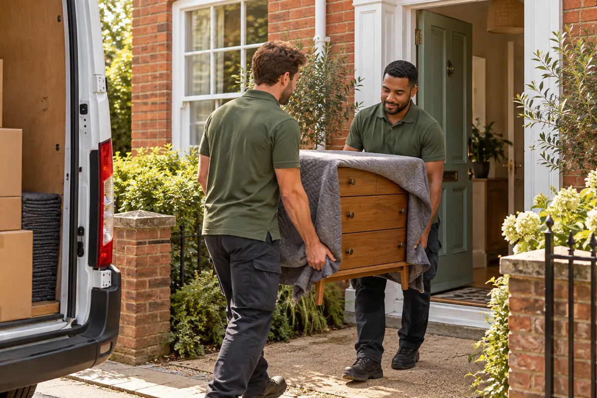 Two movers carrying a protected chest of drawers out of a brick house