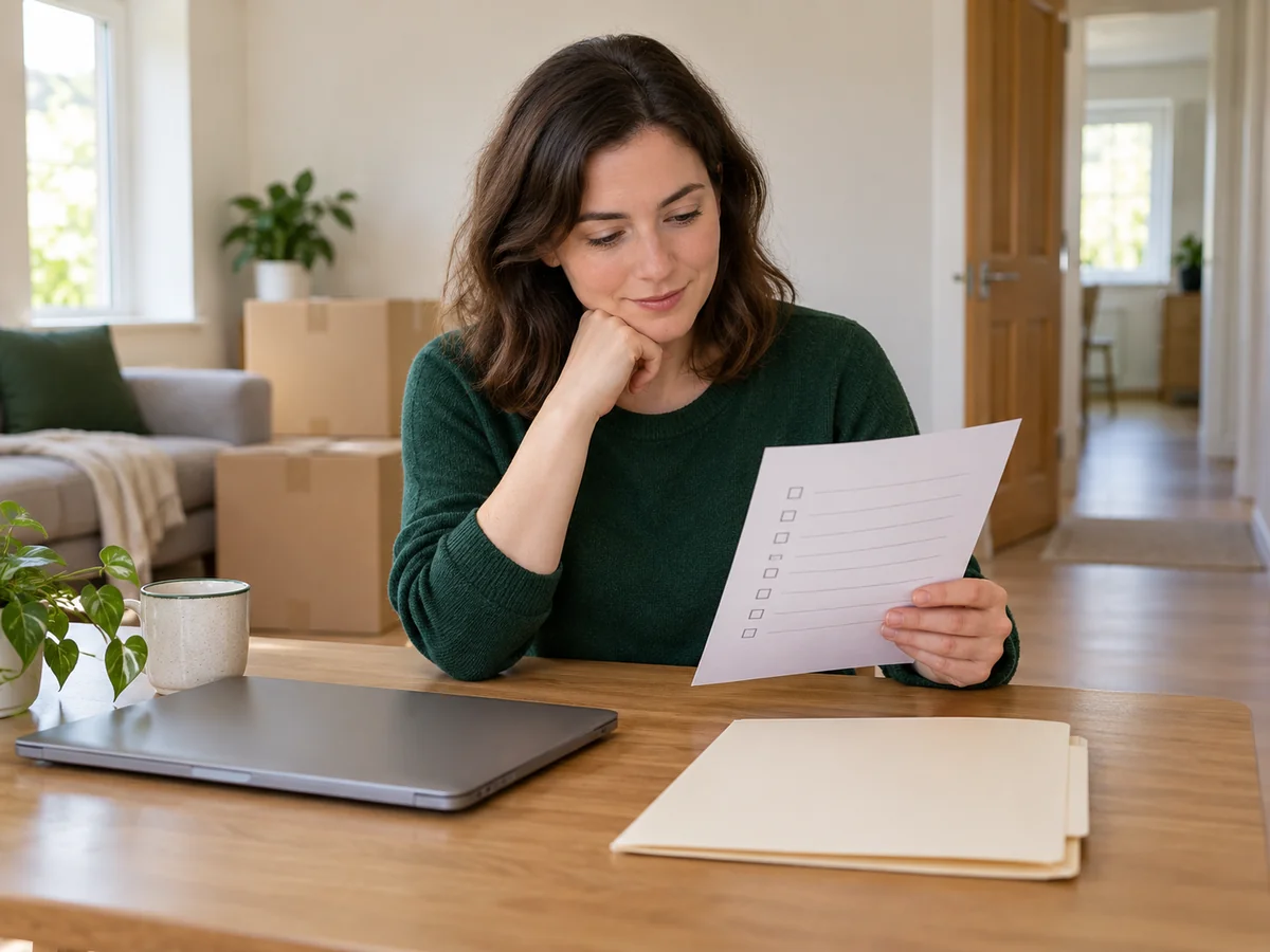 Person reviewing a checklist beside a closed laptop and folder, with moving boxes behind.