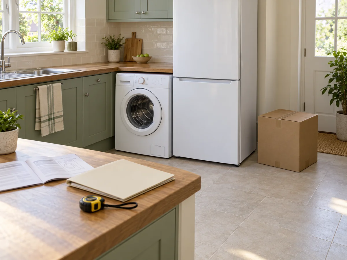 Washing machine and fridge beside moving paperwork and a measuring tape in a kitchen.