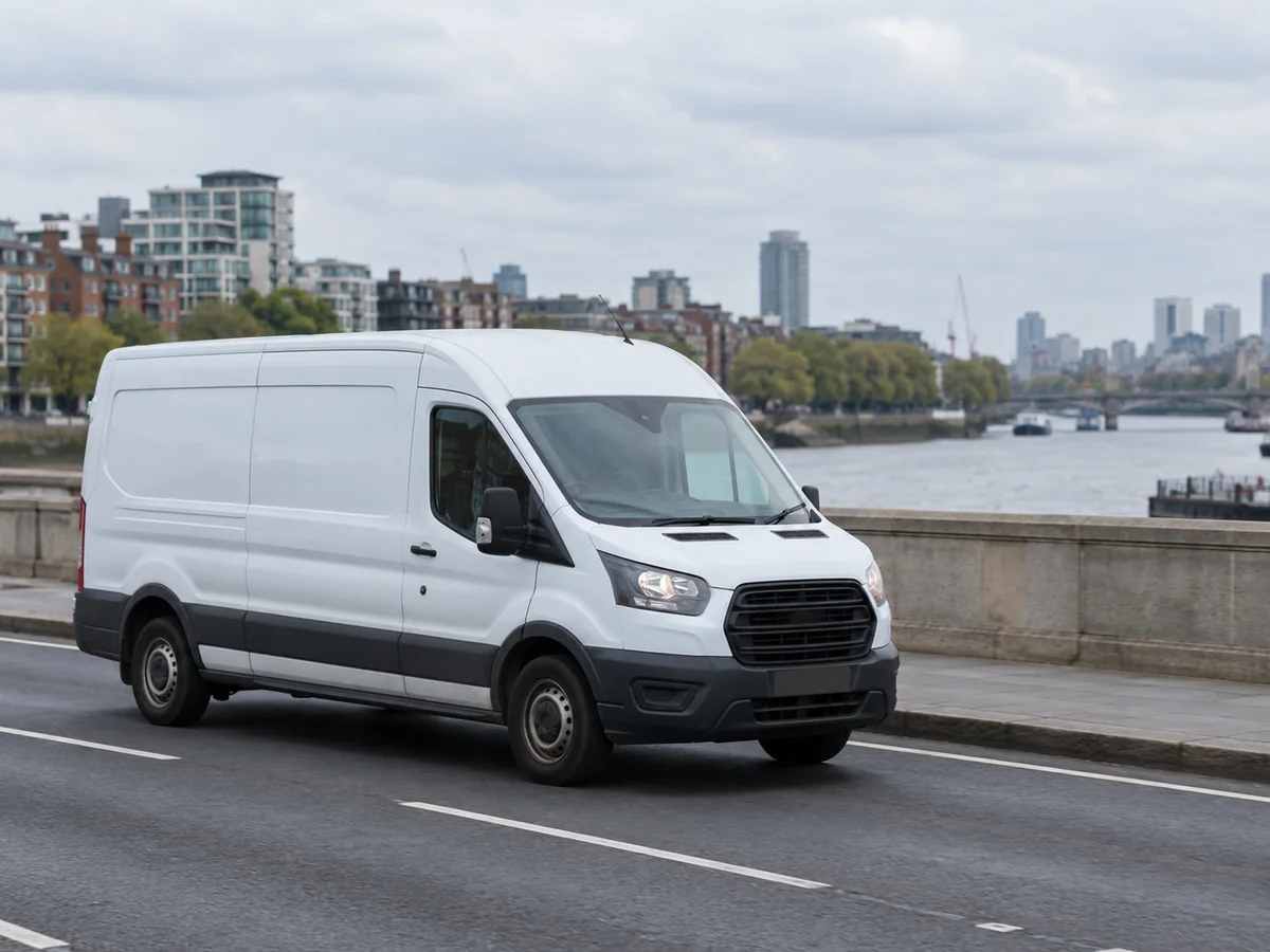 White van on a London bridge with the Thames and riverside buildings behind it.