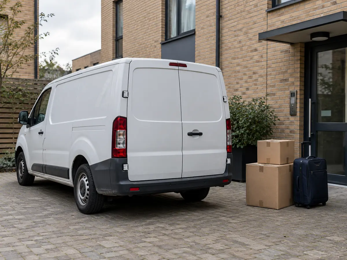 White van beside two boxes and a suitcase outside a modern brick residence.