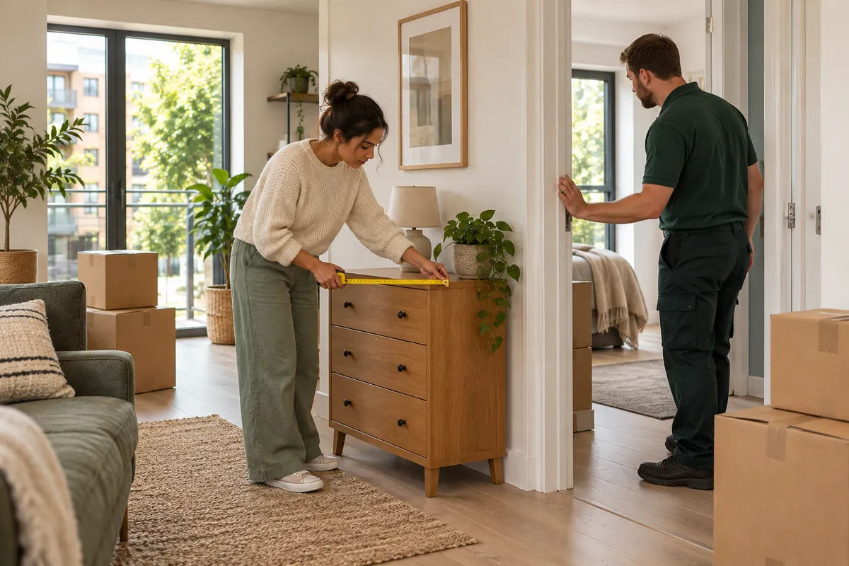 Woman measuring a chest of drawers while a mover checks the doorway