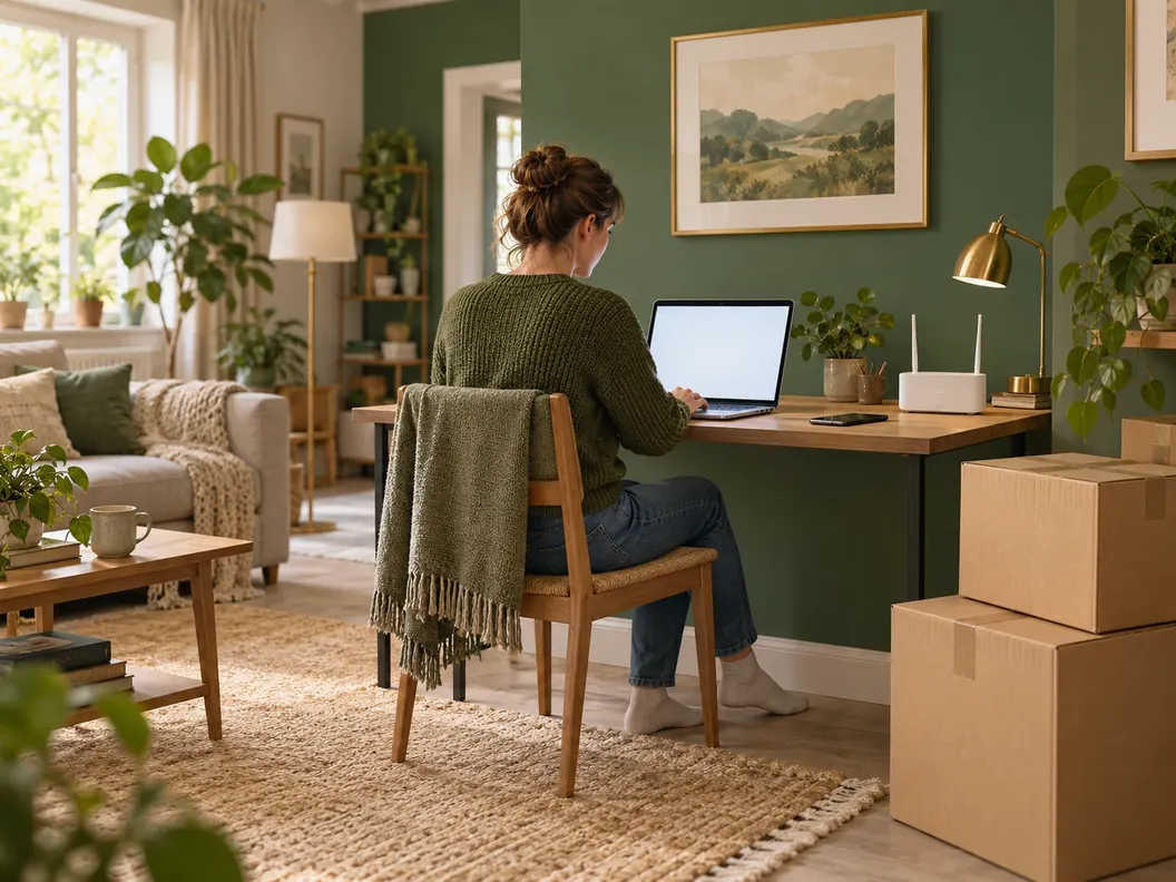 Person setting up broadband beside moving boxes