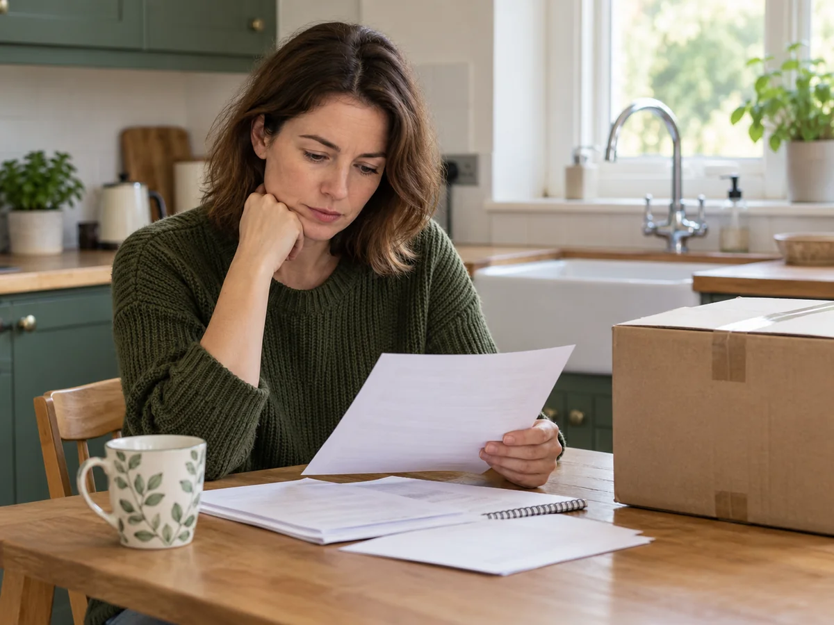 Person reviewing household account papers at a kitchen table beside a packed moving box, with a sink