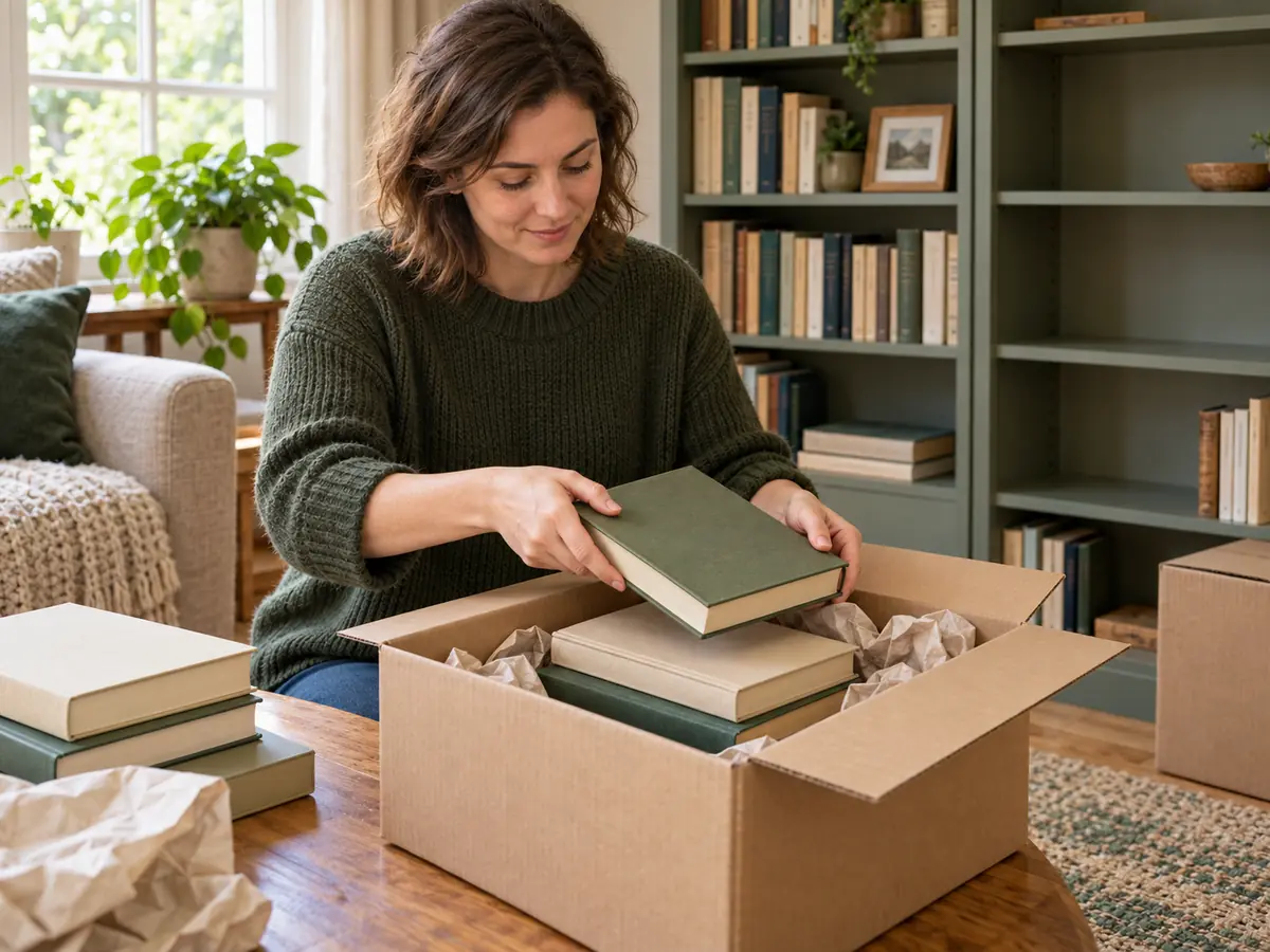 Person placing a closed book onto a flat stack inside a cardboard box, with packing paper and partly