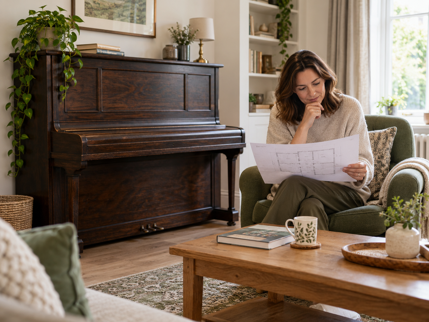 Person reviewing a floor plan beside a dark wooden upright piano in a living room.
