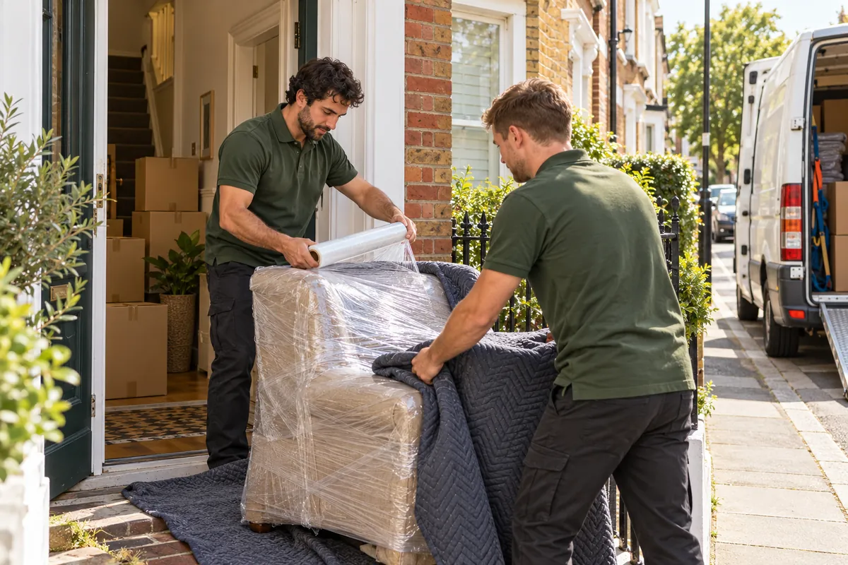 Movers wrapping furniture outside a terraced house before loading