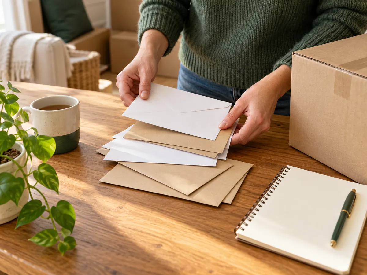 Hands sorting plain envelopes on a desk beside a packed moving box and an open notebook.