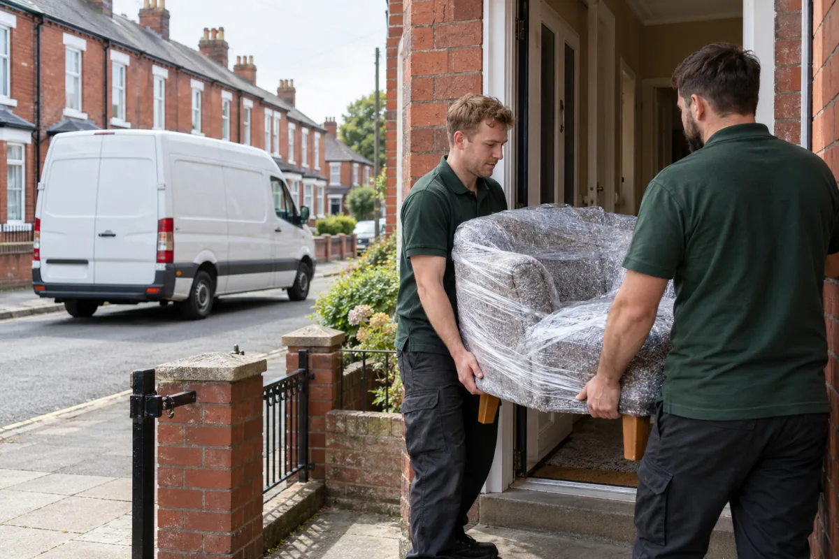 Two movers carrying a wrapped armchair through a terraced-house doorway