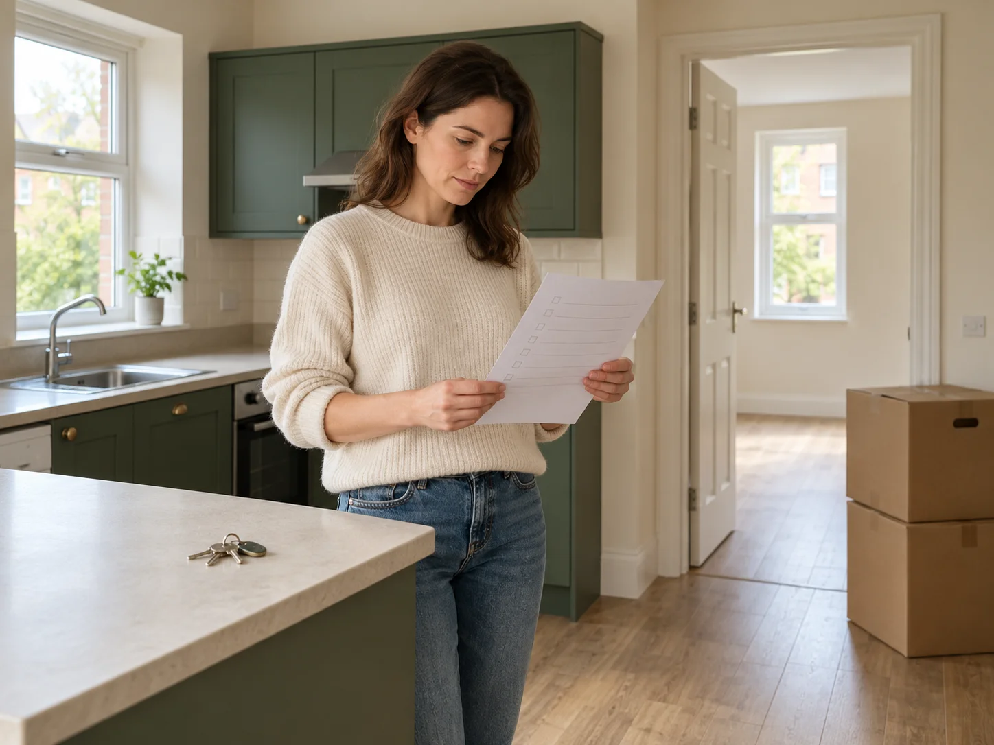 Woman checking a move-out list in a kitchen