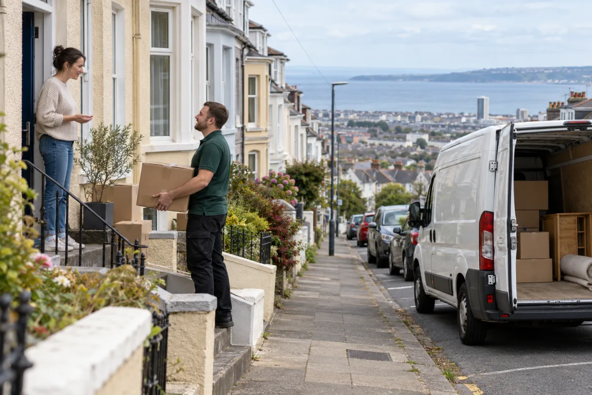 Mover carrying a box up entrance steps on a sloping residential street