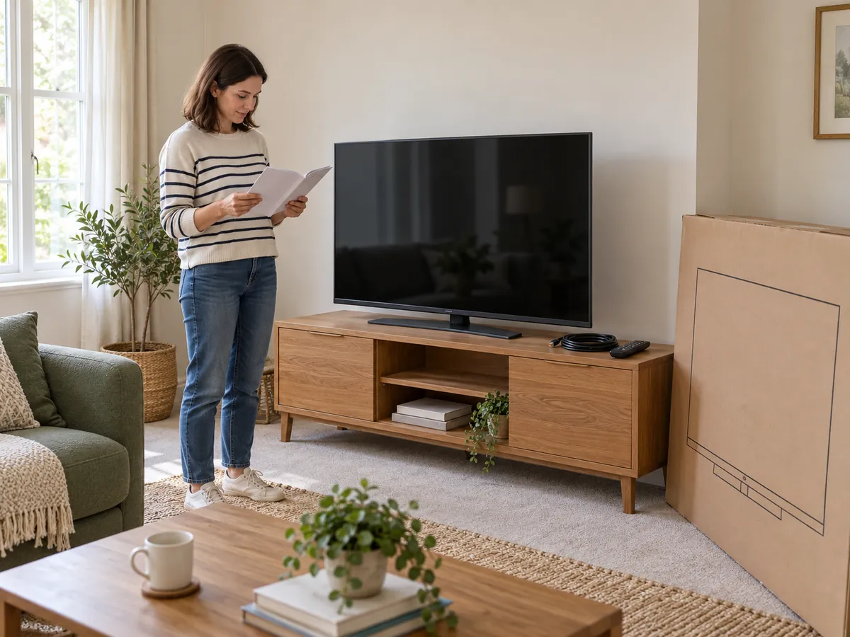 Person reading a booklet beside an upright television, remote, cable and empty carton.