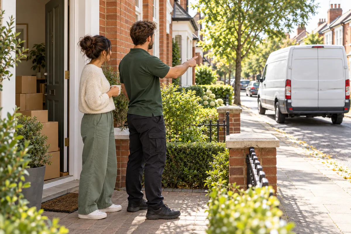 Resident and mover checking the route from a front door to a white van