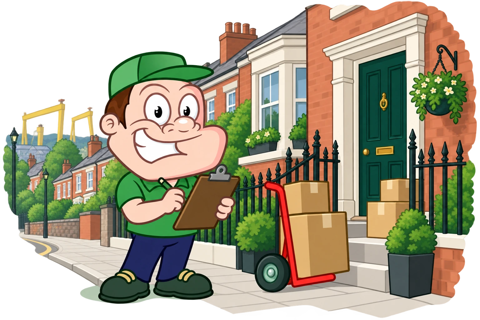 Driver Dan planning access with a moving checklist and boxes in Belfast
