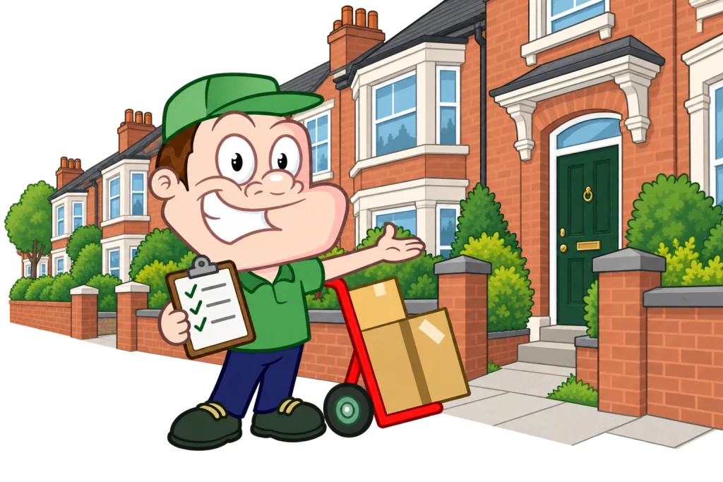 Driver Dan planning access with a moving checklist and boxes in Birmingham