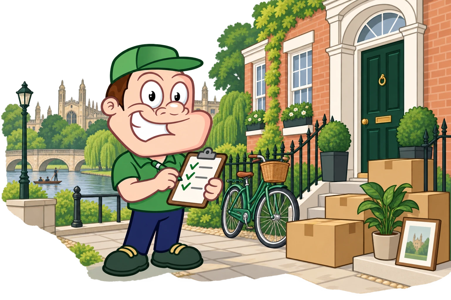 Driver Dan planning access with a moving checklist and boxes in Cambridge