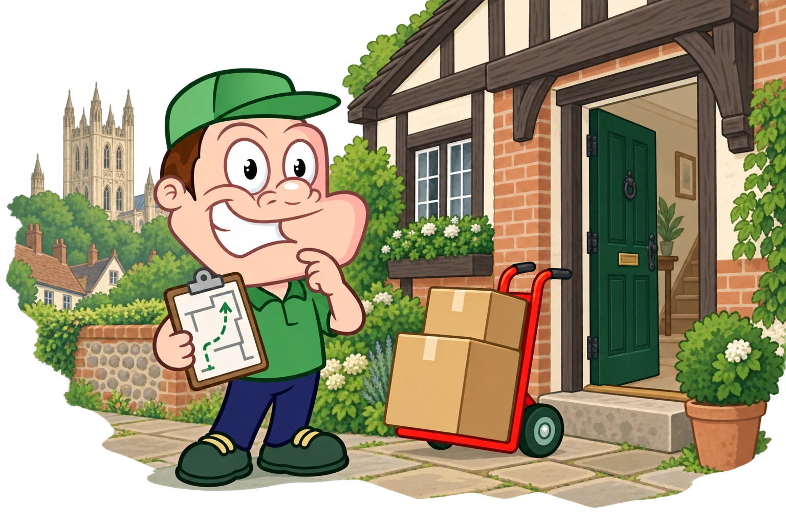 Driver Dan planning access with a moving checklist and boxes in Canterbury