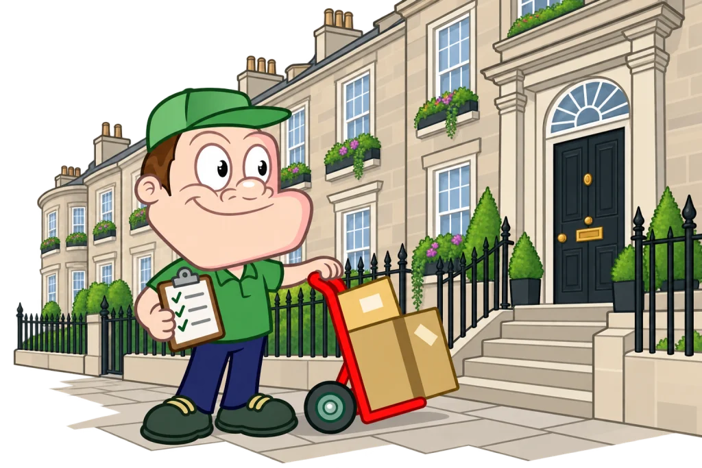 Driver Dan planning access with a moving checklist and boxes in Edinburgh