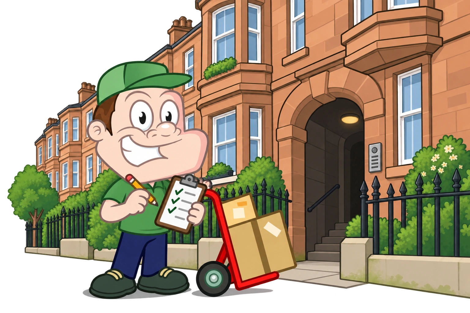 Driver Dan planning access with a moving checklist and boxes in Glasgow