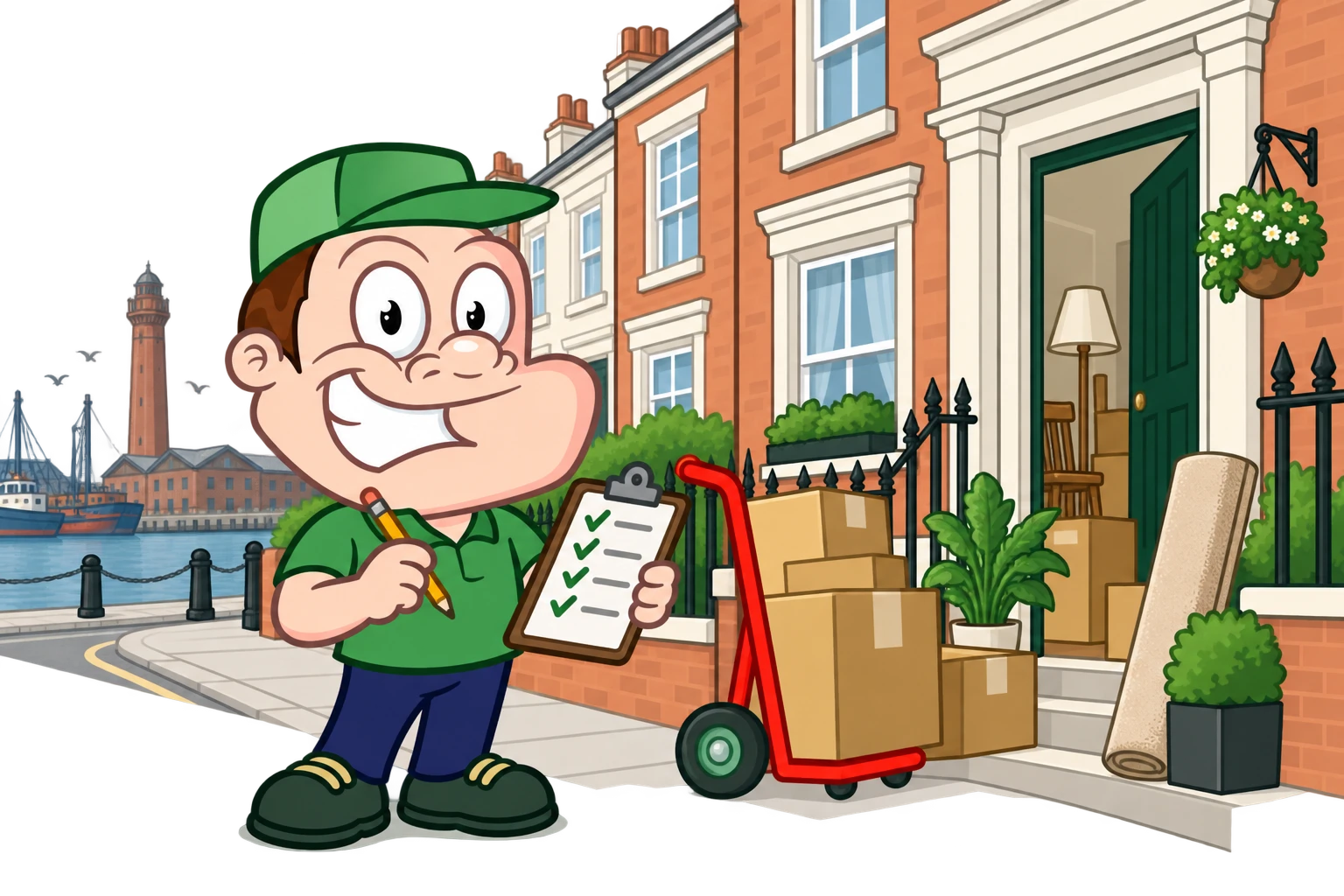 Driver Dan planning access with a moving checklist and boxes in Grimsby