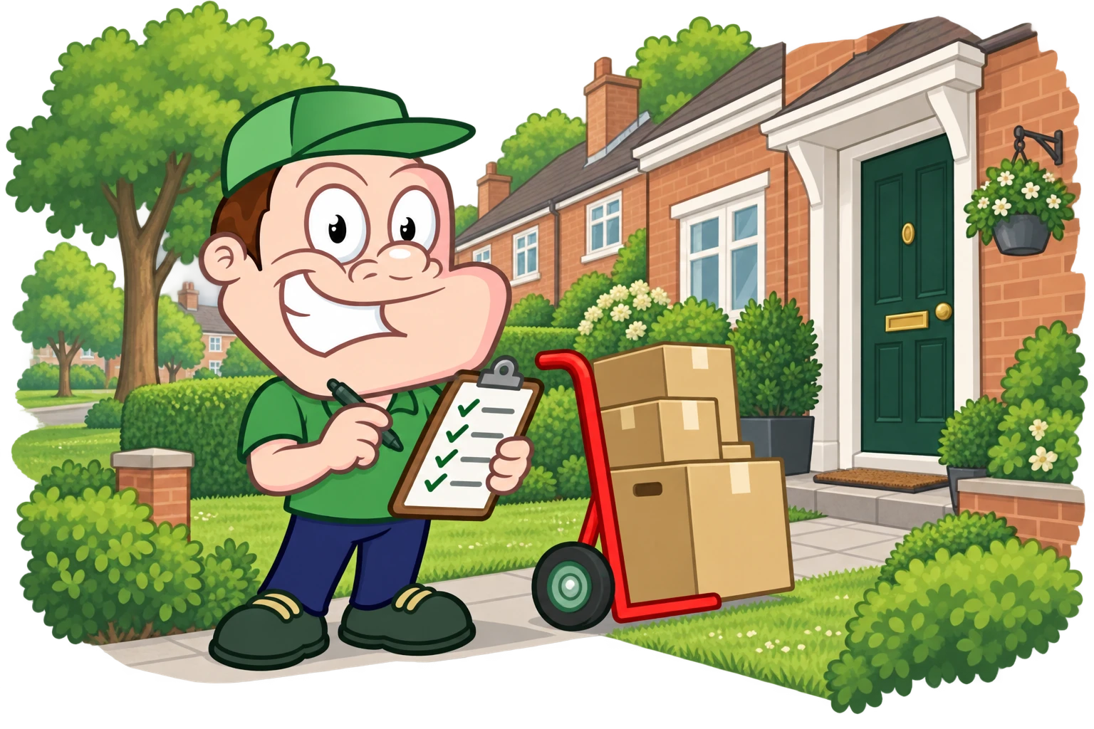 Driver Dan planning access with a moving checklist and boxes in Harlow