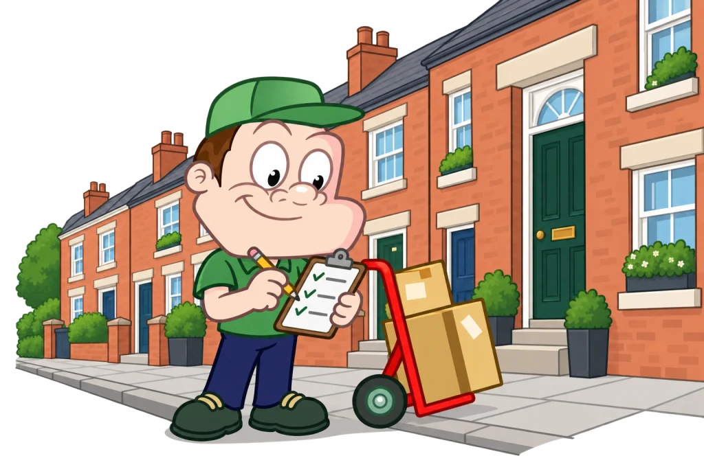 Driver Dan planning access with a moving checklist and boxes in Leeds