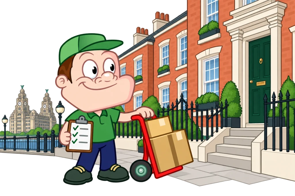 Driver Dan planning access with a moving checklist and boxes in Liverpool