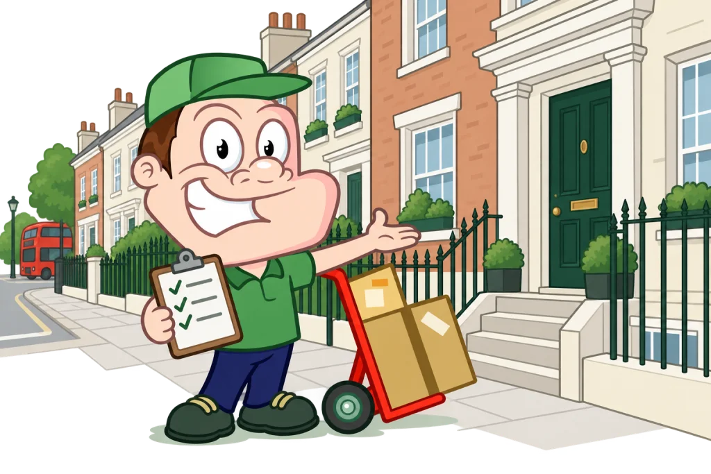 Driver Dan planning access with a moving checklist and boxes in London