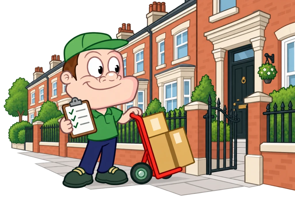 Driver Dan planning access with a moving checklist and boxes in Manchester