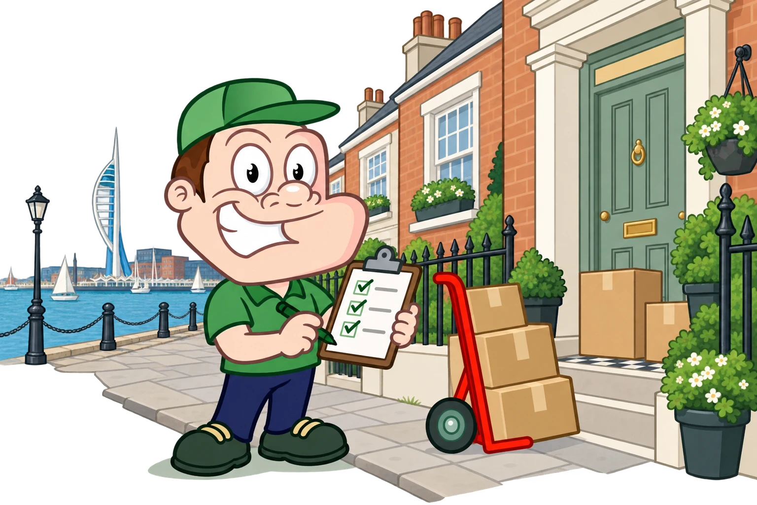 Driver Dan planning access with a moving checklist and boxes in Portsmouth