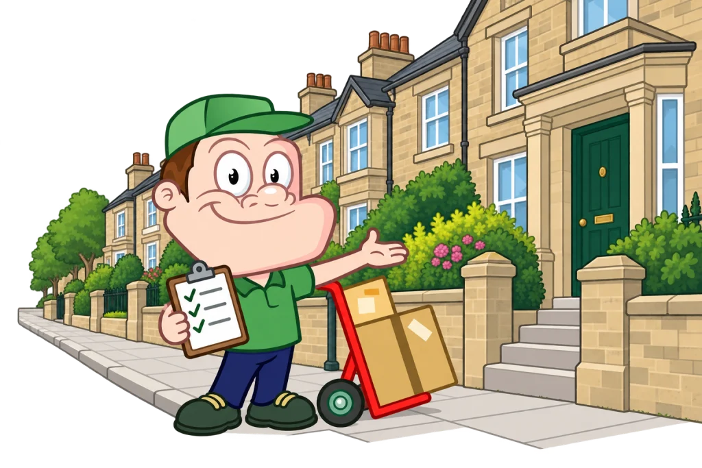 Driver Dan planning access with a moving checklist and boxes in Sheffield