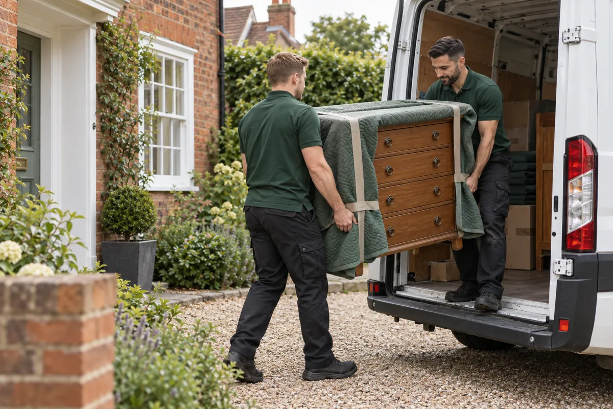 Movers loading protected furniture into a white van outside a traditional brick home