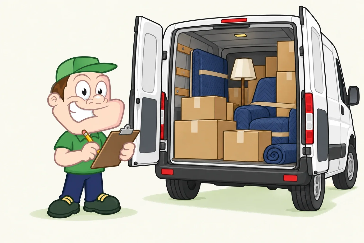 Driver Dan checking an inventory beside a van packed for a move