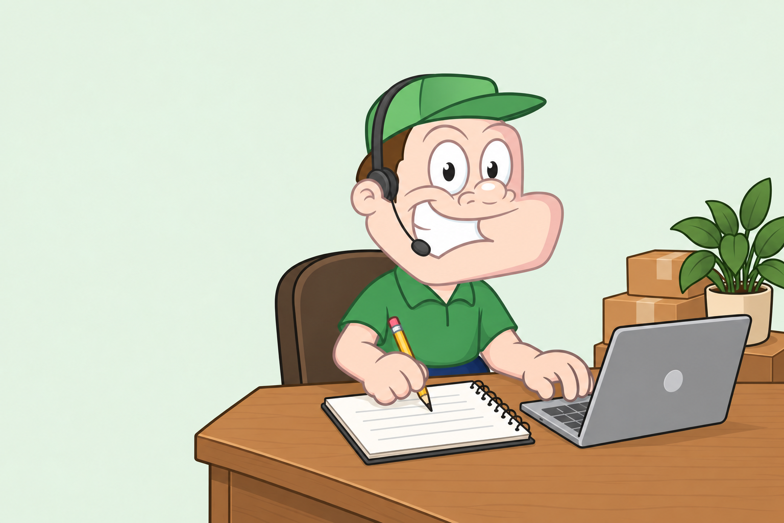 Driver Dan wearing a headset, writing notes and typing at his support desk