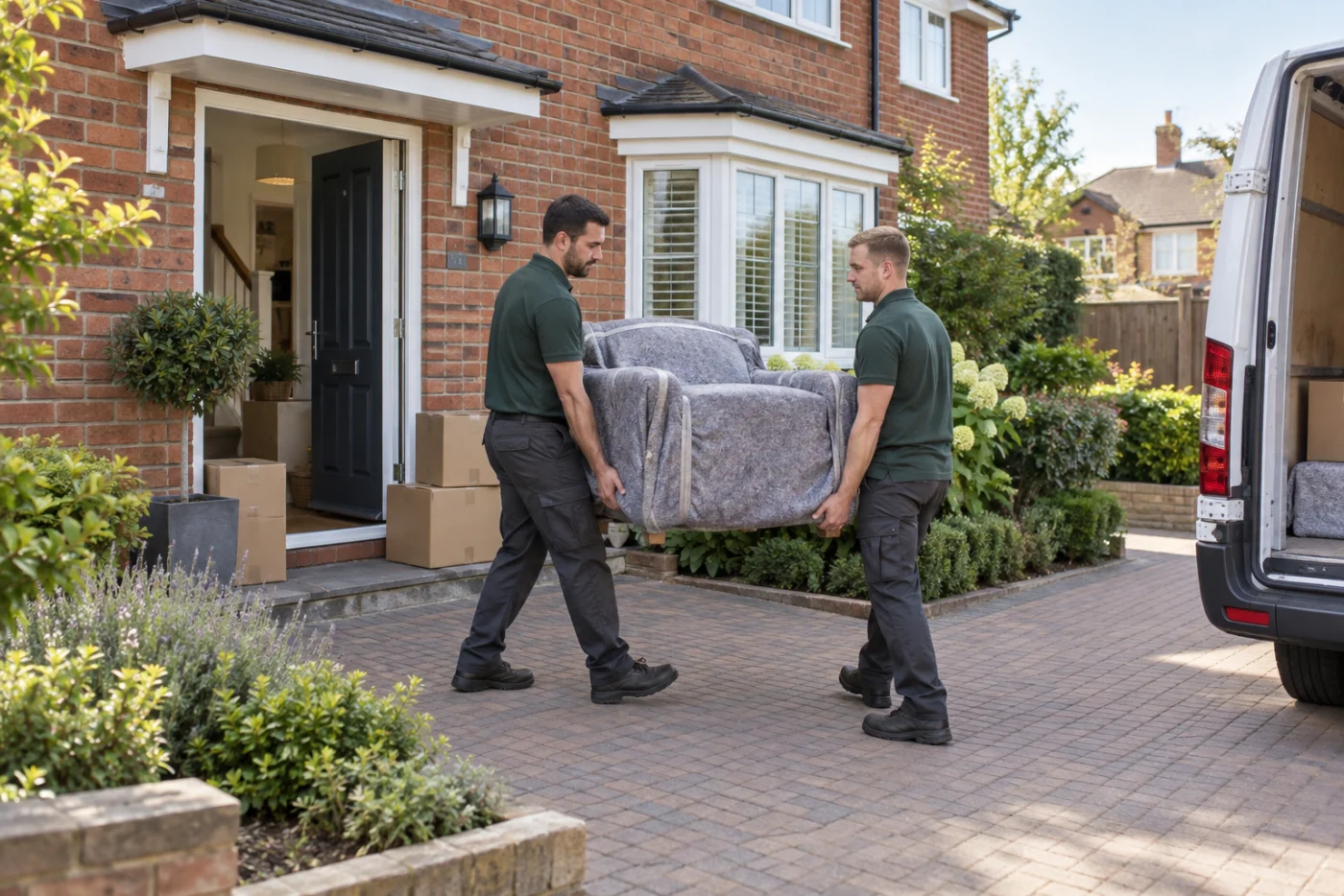 Illustrative house move with protected furniture carried to a removal vehicle