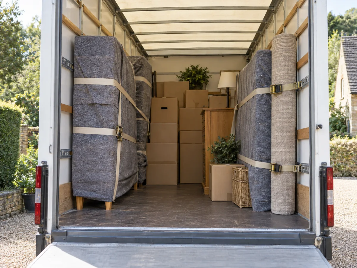 Illustrative protected household furniture secured inside a removal vehicle