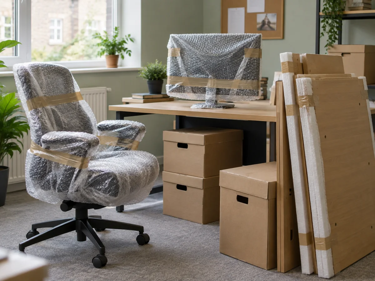 Office furniture and packed equipment prepared for collection