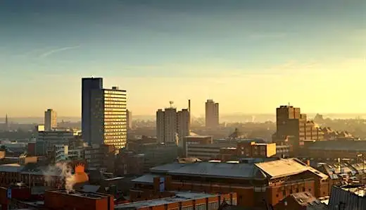 Leicester city skyline at sunset