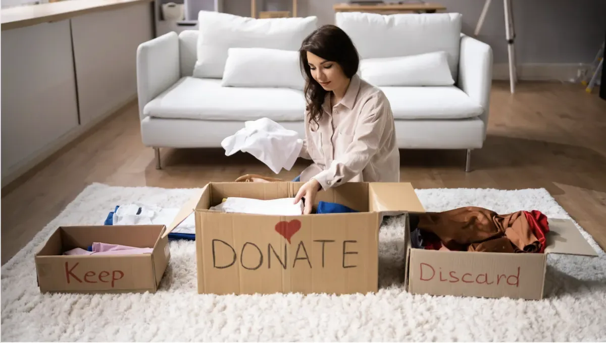 Woman sorting belongings into donation boxes