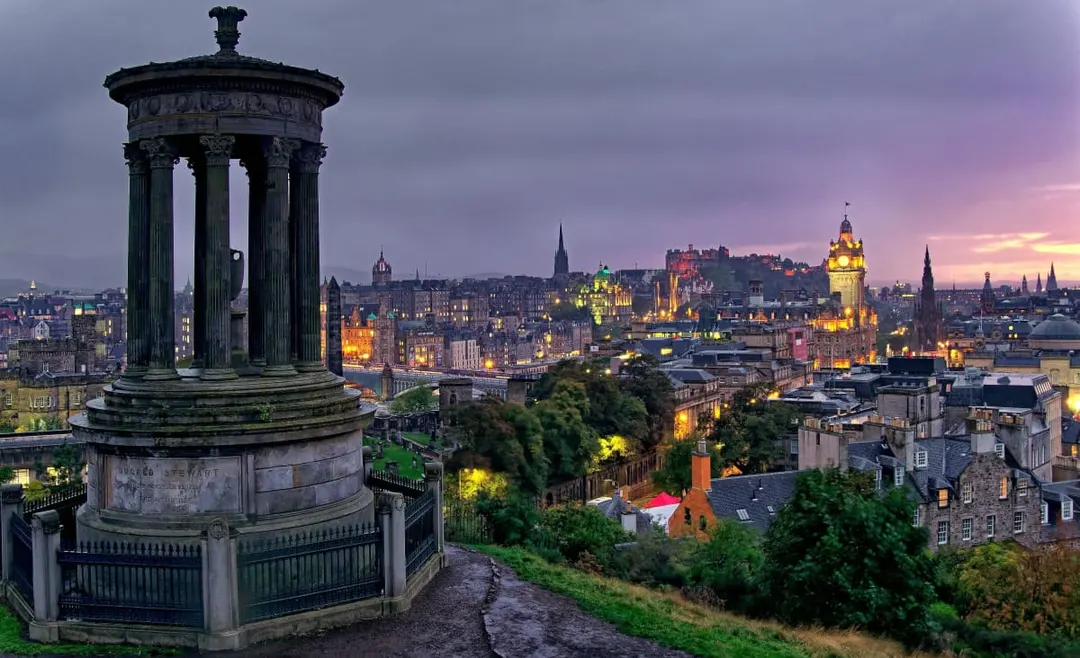 Edinburgh skyline and monuments at dusk