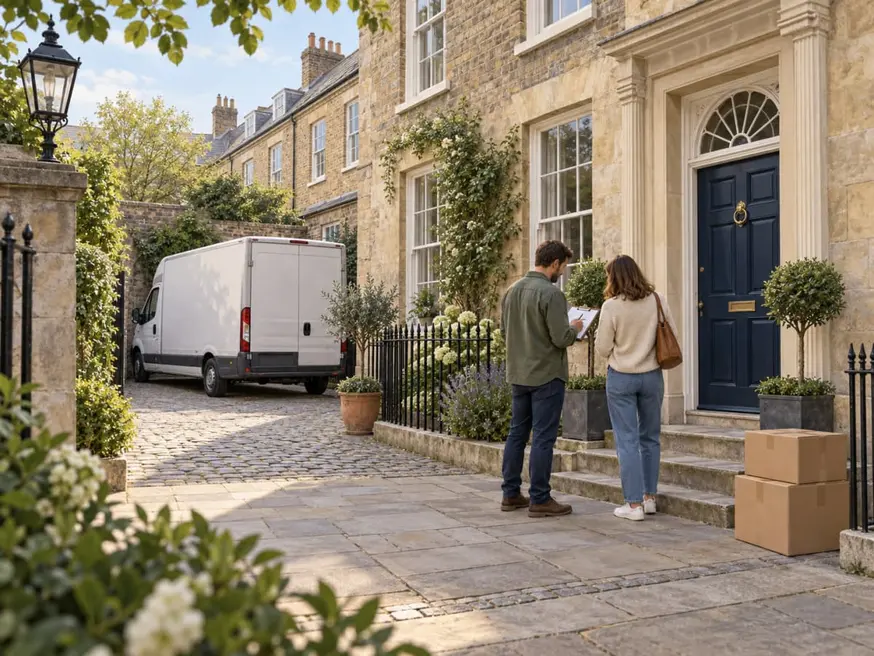 Residential street with narrow access for a moving van